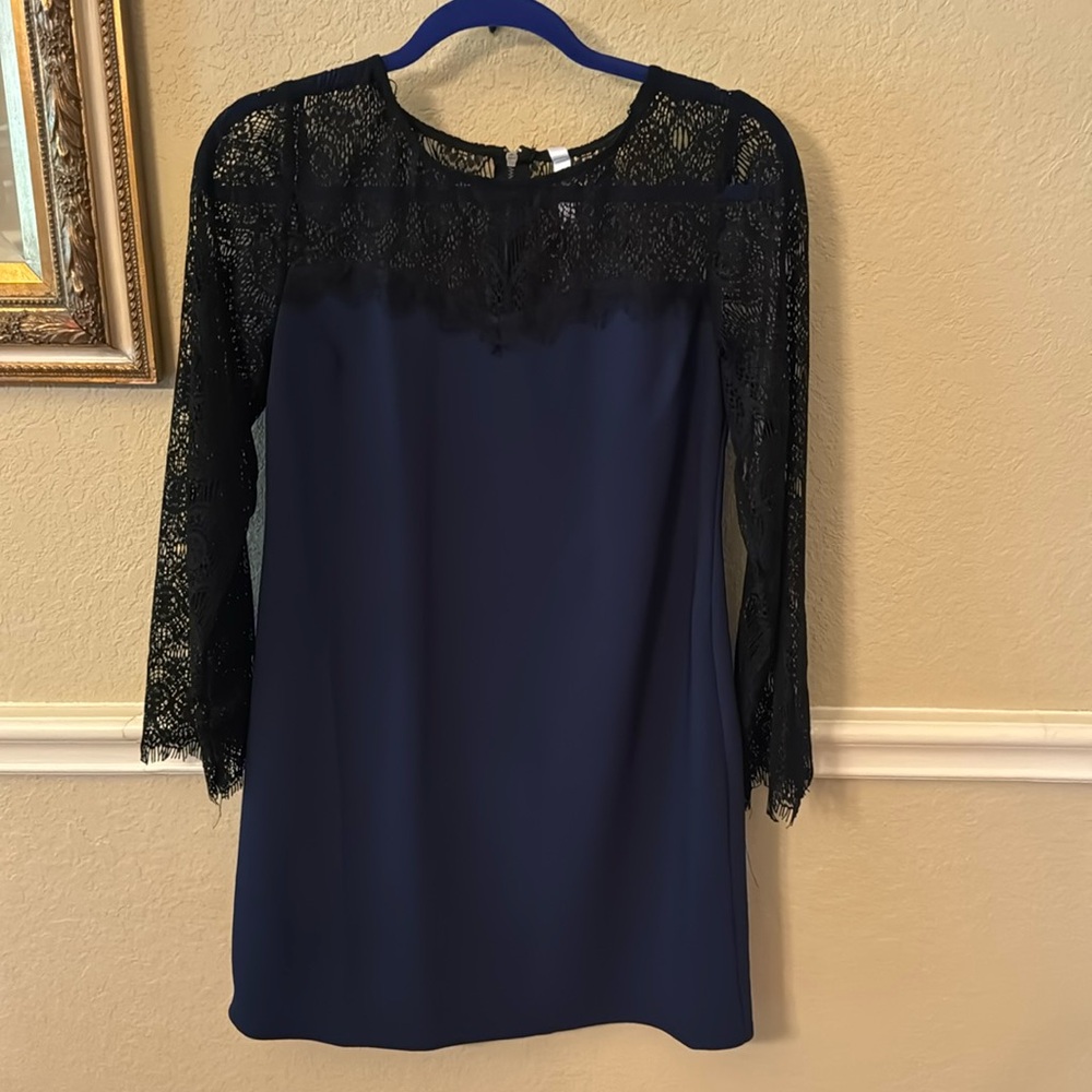 Women’s blue with black lace long belle sleeves and black lace bodice dress- M